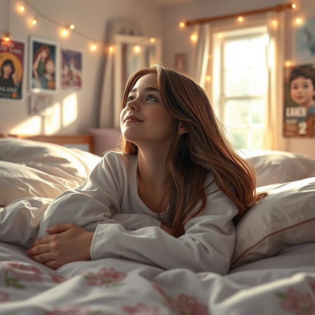 A teenage girl lying on her bed in a serene and peaceful setting, surrounded by soft pillows and a cozy blanket