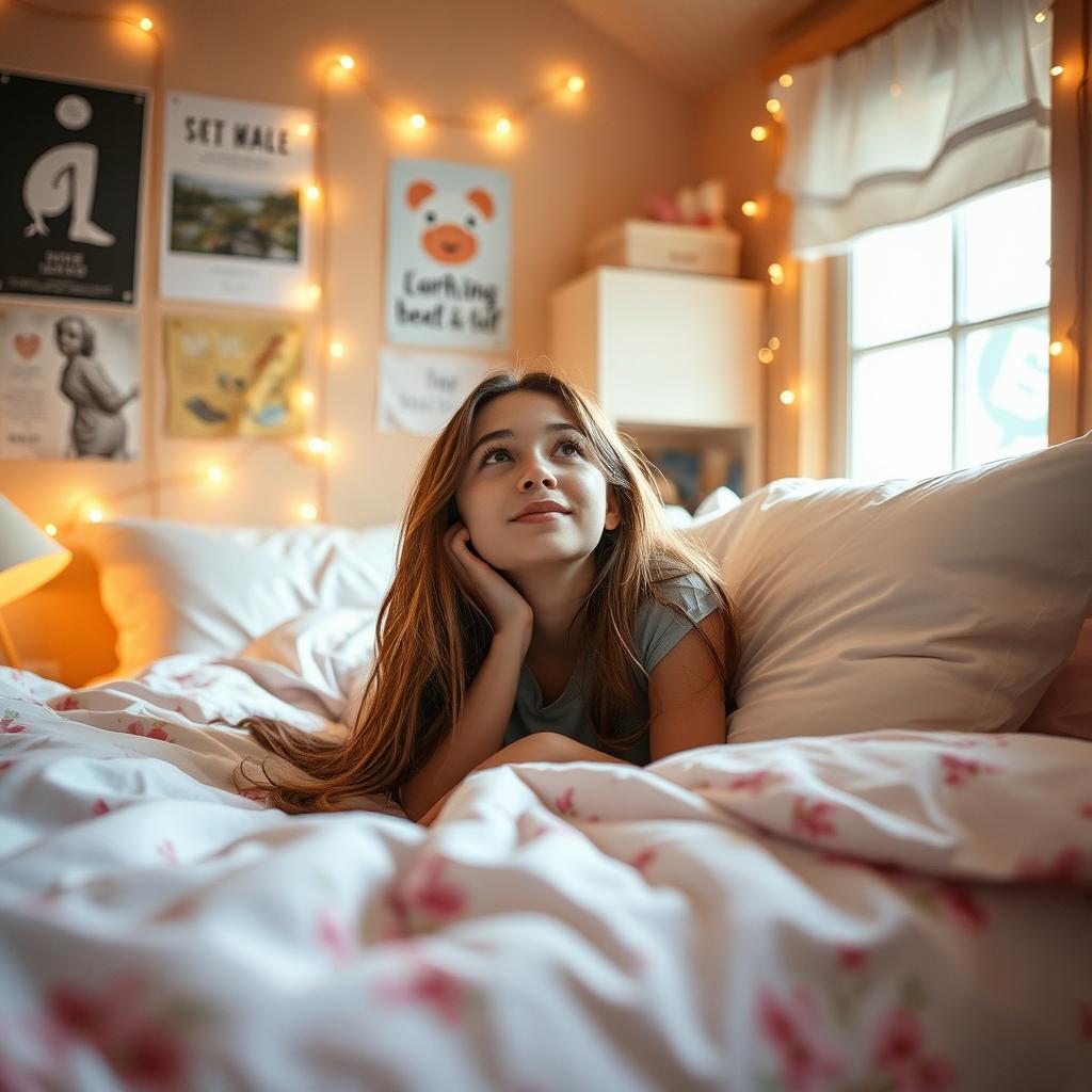 A teenage girl lying on her bed in a serene and peaceful setting, surrounded by soft pillows and a cozy blanket