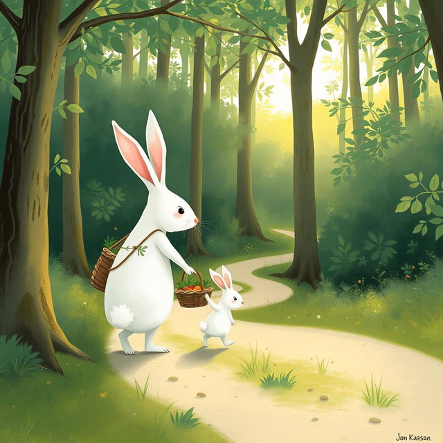 In the serene early morning, a large white rabbit carrying a vegetable basket strolls along a winding path in a lush forest, gently leading a smaller white rabbit by the hand