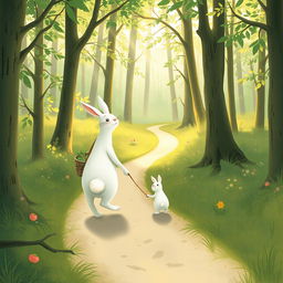 In the serene early morning, a large white rabbit carrying a vegetable basket strolls along a winding path in a lush forest, gently leading a smaller white rabbit by the hand