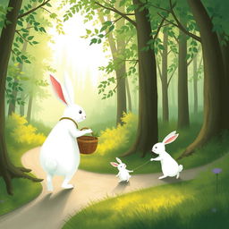 In the serene early morning, a large white rabbit carrying a vegetable basket strolls along a winding path in a lush forest, gently leading a smaller white rabbit by the hand