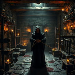 A medieval torture chamber filled with various archaic torture devices such as an iron maiden, rack, and stocks, dimly lit with flickering torchlight casting shadows on the stone walls