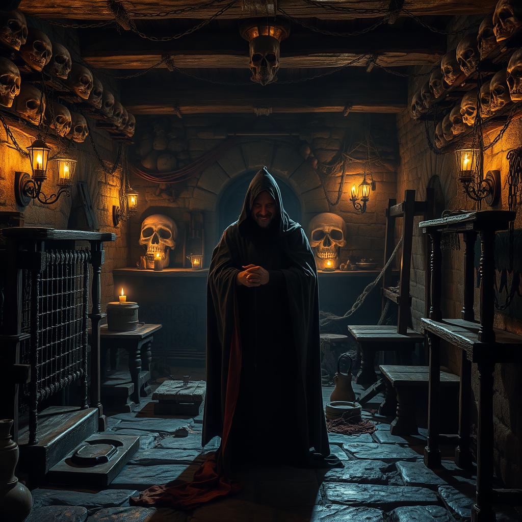 A medieval torture chamber filled with various archaic torture devices such as an iron maiden, rack, and stocks, dimly lit with flickering torchlight casting shadows on the stone walls