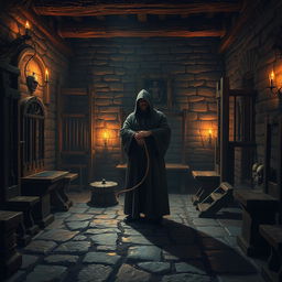 A medieval torture chamber filled with various archaic torture devices such as an iron maiden, rack, and stocks, dimly lit with flickering torchlight casting shadows on the stone walls