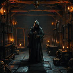 A medieval torture chamber filled with various archaic torture devices such as an iron maiden, rack, and stocks, dimly lit with flickering torchlight casting shadows on the stone walls