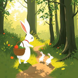 In a serene morning scene, a large white rabbit is carrying a vegetable basket while leading a small white rabbit along a narrow forest path