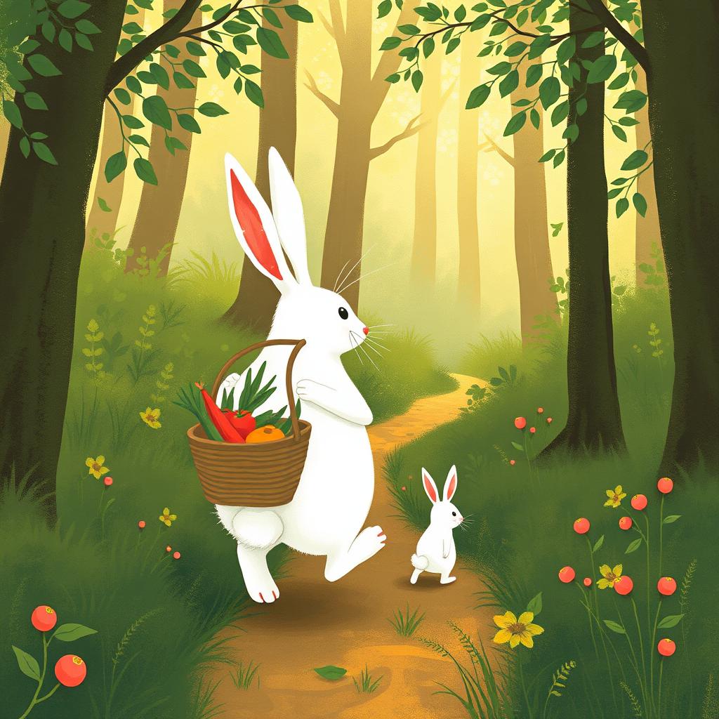 In a serene morning scene, a large white rabbit is carrying a vegetable basket while leading a small white rabbit along a narrow forest path