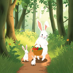 In a serene morning scene, a large white rabbit is carrying a vegetable basket while leading a small white rabbit along a narrow forest path