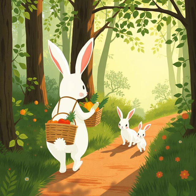 In a serene morning scene, a large white rabbit is carrying a vegetable basket while leading a small white rabbit along a narrow forest path