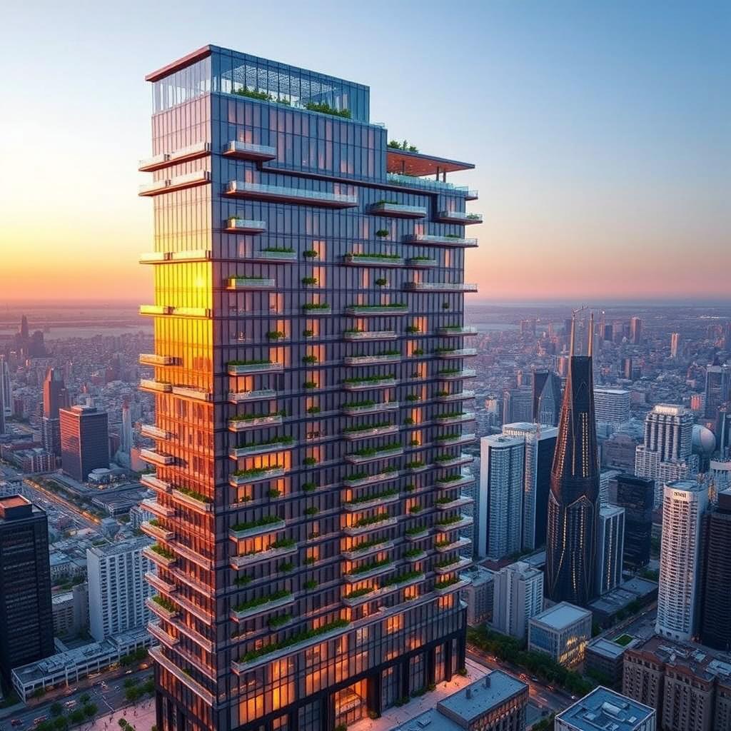 A stunning architectural design of a high-rise tower featuring more than fifty floors, showcasing a modern and sleek aesthetic with glass and steel elements