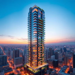 A stunning architectural design of a high-rise tower featuring more than fifty floors, showcasing a modern and sleek aesthetic with glass and steel elements