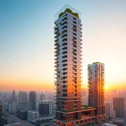 A stunning architectural design of a high-rise tower featuring more than fifty floors, showcasing a modern and sleek aesthetic with glass and steel elements