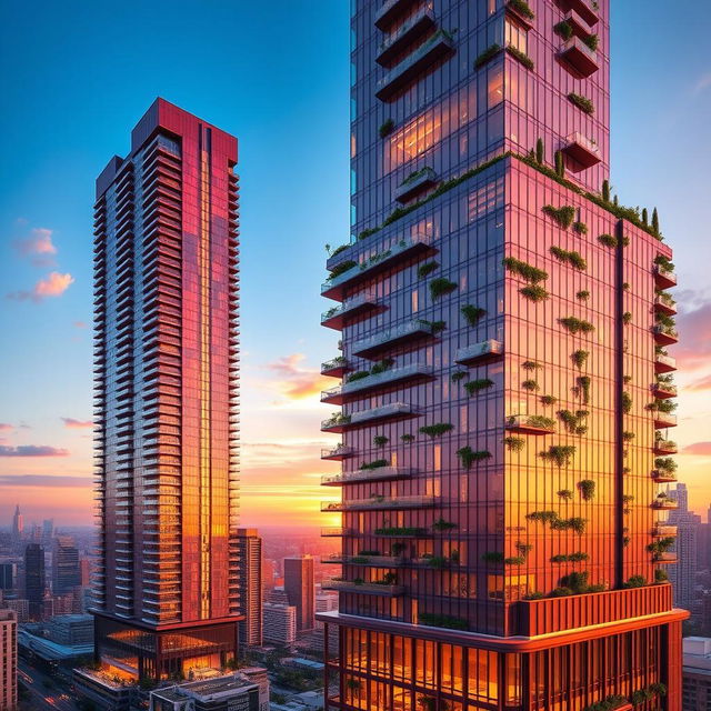 A stunning architectural design of a high-rise tower featuring more than fifty floors, showcasing a modern and sleek aesthetic with glass and steel elements