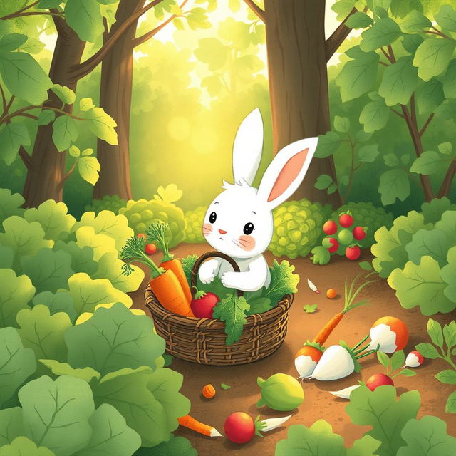 A cute little white rabbit packing vegetables into a basket in a vegetable garden during the morning