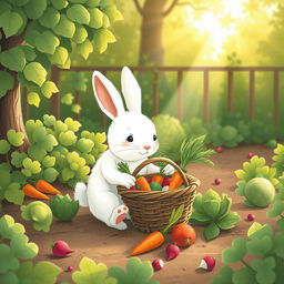A cute little white rabbit packing vegetables into a basket in a vegetable garden during the morning