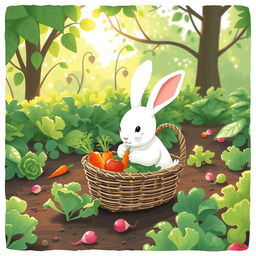 A cute little white rabbit packing vegetables into a basket in a vegetable garden during the morning