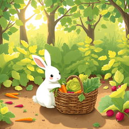 A cute little white rabbit packing vegetables into a basket in a vegetable garden during the morning