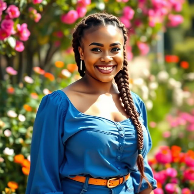 A beautiful curvy girl with large breasts and a thick braided hairstyle, dressed in a stylish blue blouse