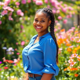 A beautiful curvy girl with large breasts and a thick braided hairstyle, dressed in a stylish blue blouse