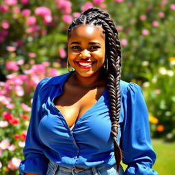 A beautiful curvy girl with large breasts and a thick braided hairstyle, dressed in a stylish blue blouse