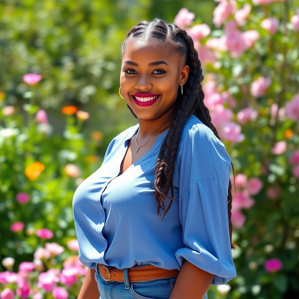 A beautiful curvy girl with large breasts and a thick braided hairstyle, dressed in a stylish blue blouse