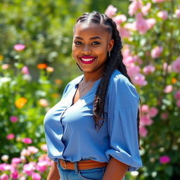 A beautiful curvy girl with large breasts and a thick braided hairstyle, dressed in a stylish blue blouse