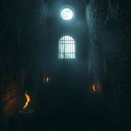 A dark, eerie prison setting, with towering stone walls and barred windows that let in slivers of moonlight