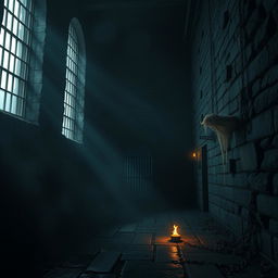 A dark, eerie prison setting, with towering stone walls and barred windows that let in slivers of moonlight