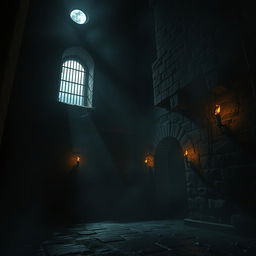 A dark, eerie prison setting, with towering stone walls and barred windows that let in slivers of moonlight