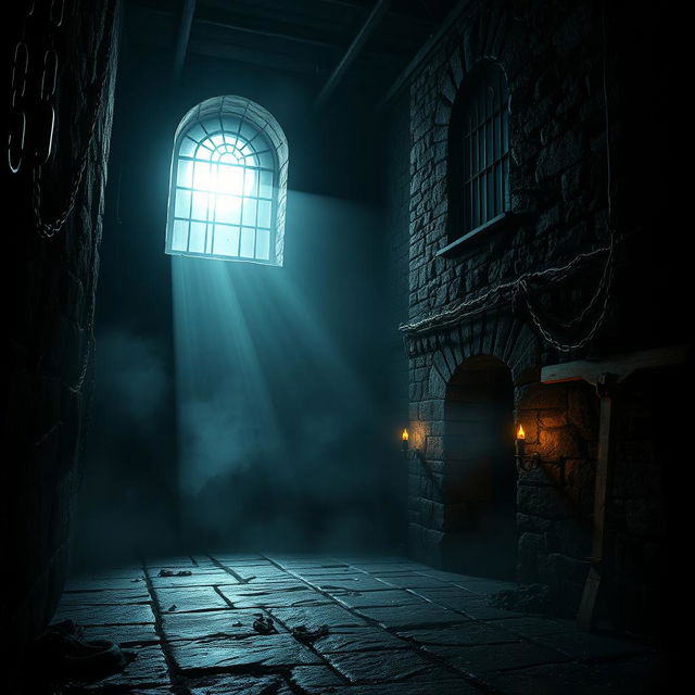 A dark, eerie prison setting, with towering stone walls and barred windows that let in slivers of moonlight