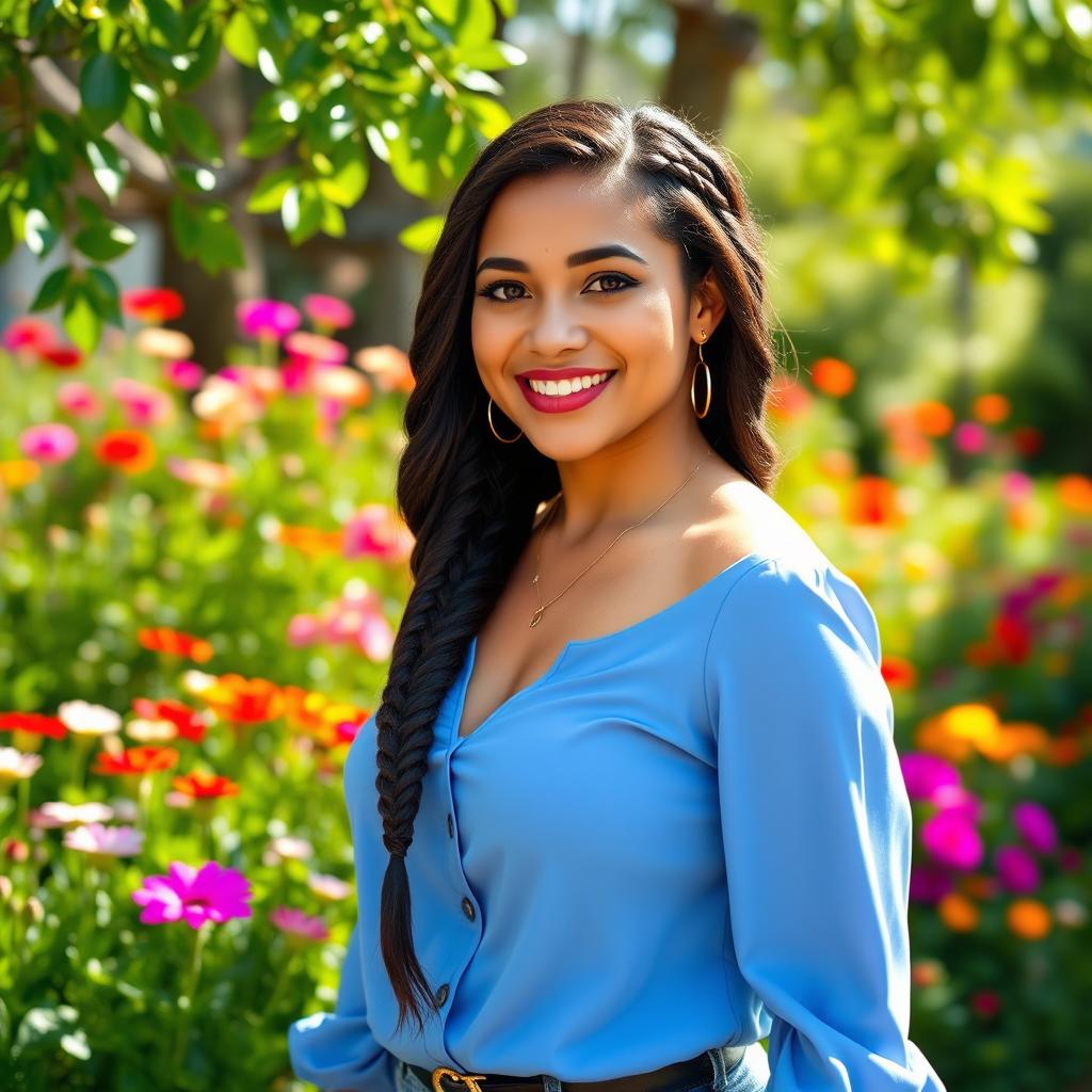 A beautiful curvy Caucasian girl with large breasts and a thick braided hairstyle, wearing a stylish blue blouse