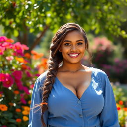 A beautiful curvy Caucasian girl with large breasts and a thick braided hairstyle, wearing a stylish blue blouse