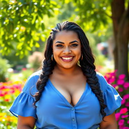 A beautiful curvy Caucasian girl with large breasts and a thick braided hairstyle, wearing a stylish blue blouse