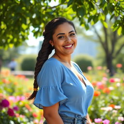 A beautiful curvy Caucasian girl with large breasts and a thick braided hairstyle, wearing a stylish blue blouse