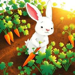 In the early morning, a small white rabbit is sweating profusely as it pulls up carrots from a vibrant vegetable garden