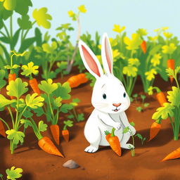 In the early morning, a small white rabbit is sweating profusely as it pulls up carrots from a vibrant vegetable garden
