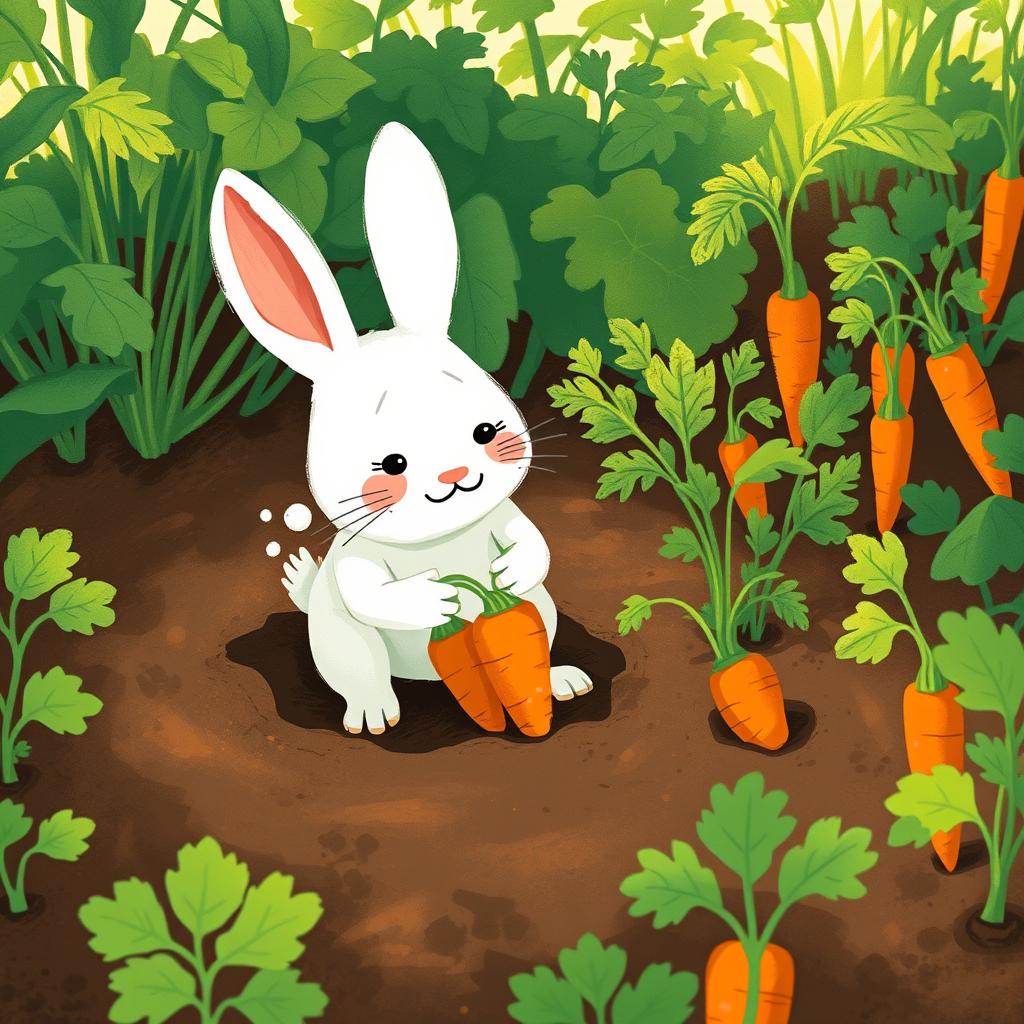 In the early morning, a small white rabbit is sweating profusely as it pulls up carrots from a vibrant vegetable garden