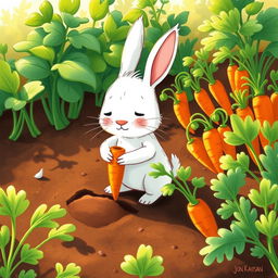 In the early morning, a small white rabbit is sweating profusely as it pulls up carrots from a vibrant vegetable garden