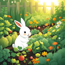 In the early morning light, a small white rabbit is busy picking fresh greens in a lively vegetable garden