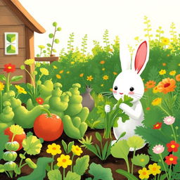 In the early morning light, a small white rabbit is busy picking fresh greens in a lively vegetable garden