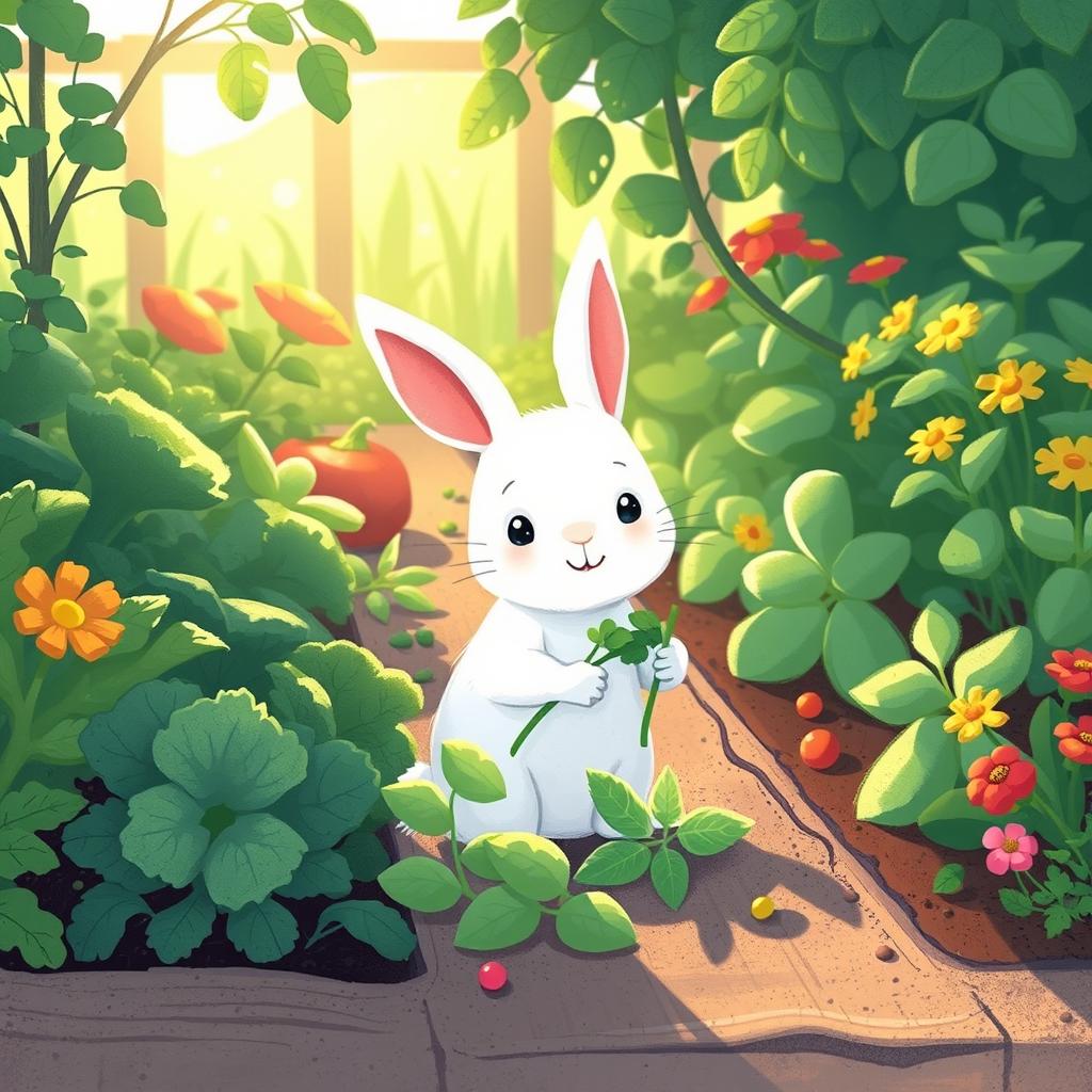 In the early morning light, a small white rabbit is busy picking fresh greens in a lively vegetable garden