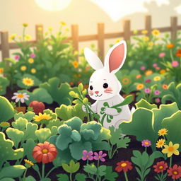 In the early morning light, a small white rabbit is busy picking fresh greens in a lively vegetable garden