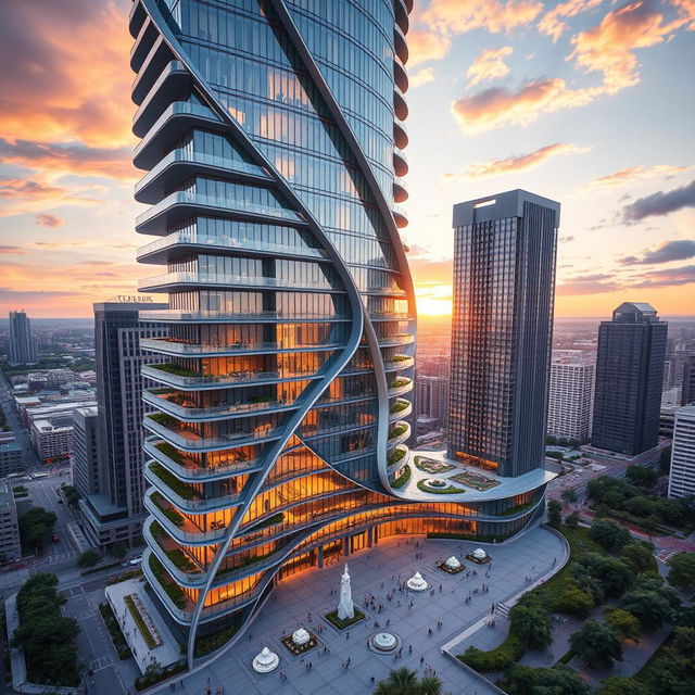 A stunning architectural design of a fifty-story skyscraper, showcasing modern lines and innovative features