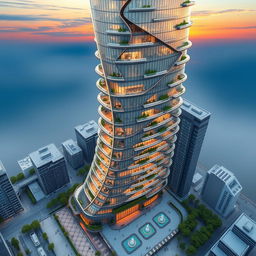 A stunning architectural design of a fifty-story skyscraper, showcasing modern lines and innovative features