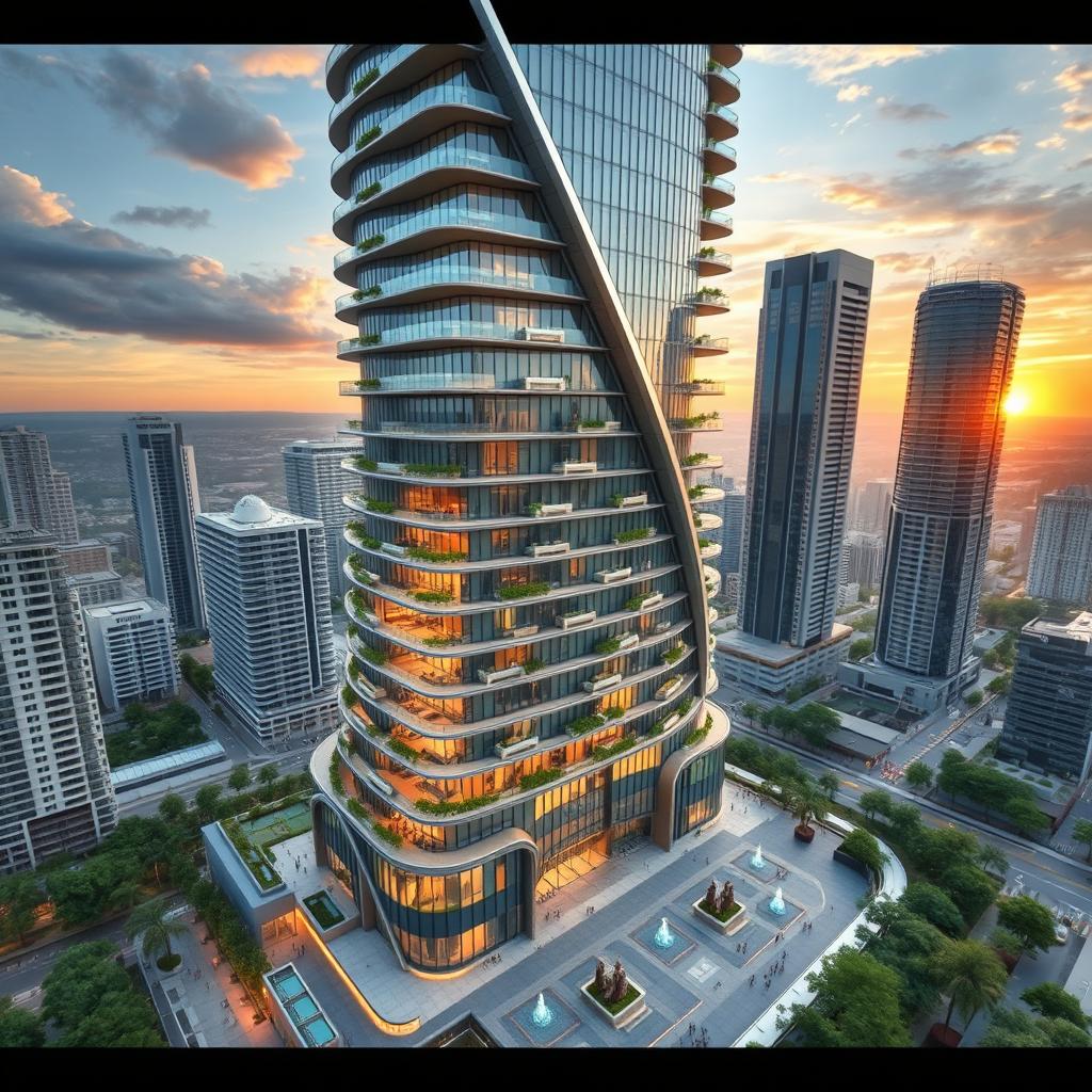 A stunning architectural design of a fifty-story skyscraper, showcasing modern lines and innovative features