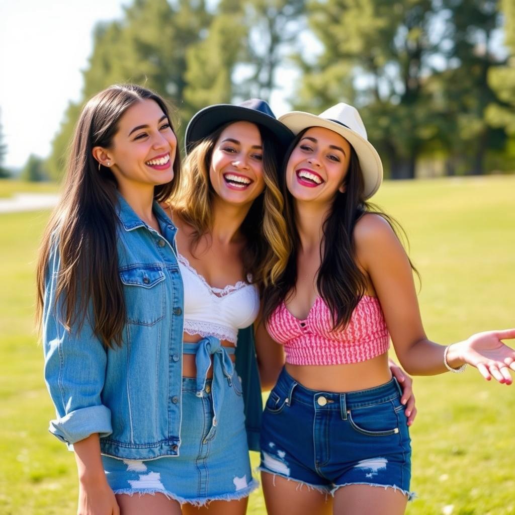 Two attractive young women playfully posing together outdoors on a sunny day, their playful energy radiating as they laugh and enjoy each other's company