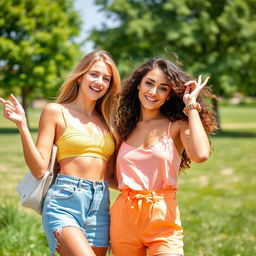 Two attractive young women playfully posing together outdoors on a sunny day, their playful energy radiating as they laugh and enjoy each other's company