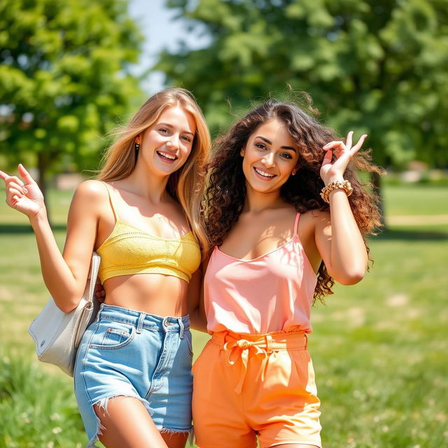 Two attractive young women playfully posing together outdoors on a sunny day, their playful energy radiating as they laugh and enjoy each other's company