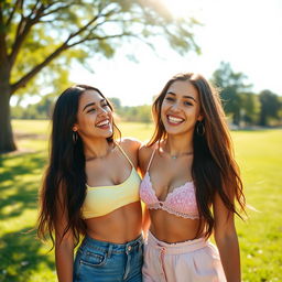 Two attractive young women playfully posing together outdoors on a sunny day, their playful energy radiating as they laugh and enjoy each other's company