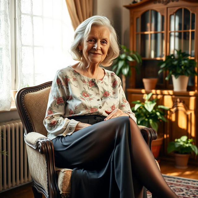 An elderly woman wearing elegant pantyhose, sitting gracefully on a vintage chair